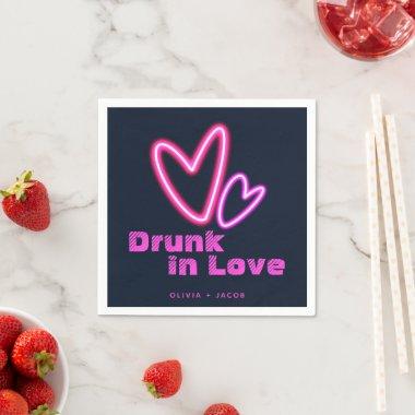 Neon Pink Hearts Drunk in Love Bridal Shower Napkins