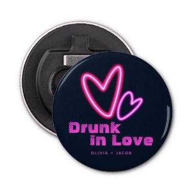 Neon Pink Hearts Drunk in Love Wedding Bottle Opener