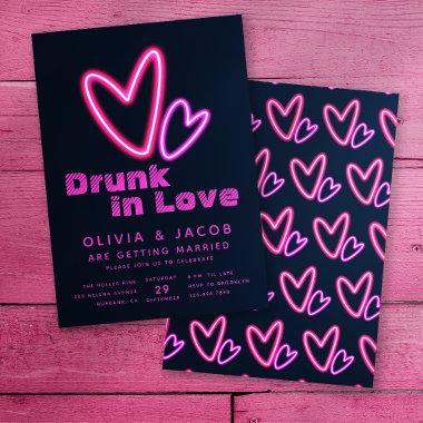 Neon Pink Hearts Drunk in Love Wedding Shower Invitations