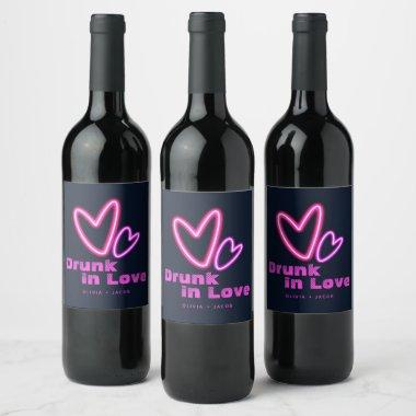 Neon Pink Hearts Drunk in Love Wedding Wine Label