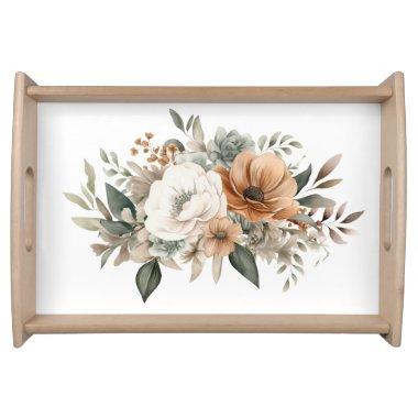 Neutral Colors White Beige Blue Greenery Floral Serving Tray