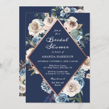 Neutral Floral Navy Blue Rose Gold Bridal Shower Invitations