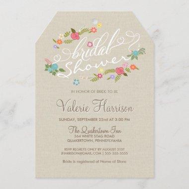 Neutral Linen-look Floral Wreath Bridal Shower Tag Invitations