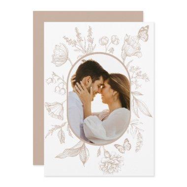 Neutral Tan Floral Line Art Floral Butterfly Photo Thank You