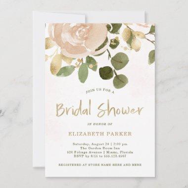 Neutral Watercolor and Gold Floral | Bridal Shower Invitations