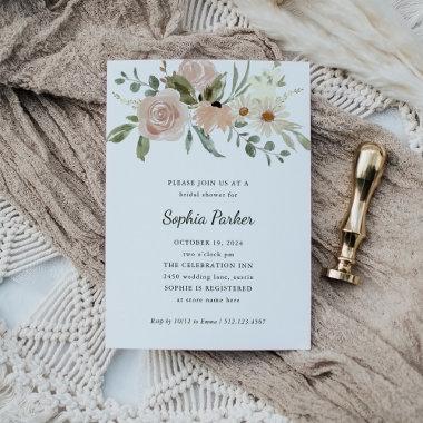 Neutral Watercolor Flowers Script | Bridal Shower Invitations