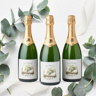 New Beginnings Floral Open Book Wedding Sparkling Wine Label