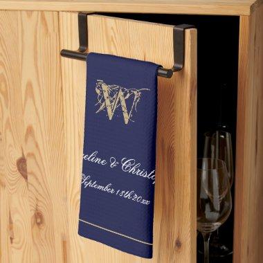 Newlywed Or Wedding Gift Elegant Monogram Navy Kitchen Towel