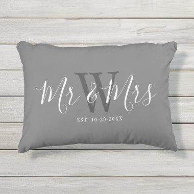 Newlyweds Mr And Mrs Grey White Script Monogram Outdoor Pillow