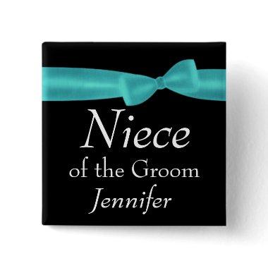NIECE of GROOM Aqua Bow Wedding Custom Name Y128 Button