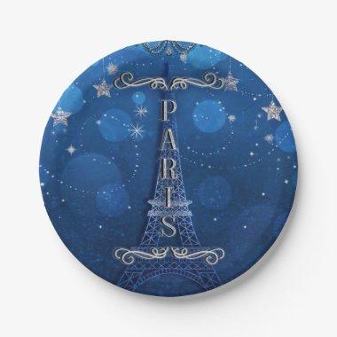 Night In Paris Under the Stars Blue Silver Party Paper Plates