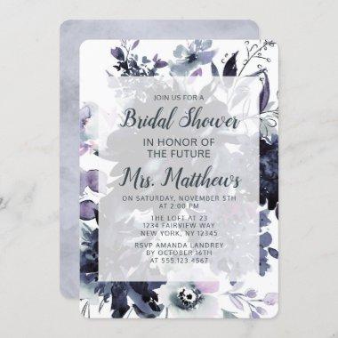 Nocturnal Floral Dusty Blue & Navy Bridal Shower Invitations