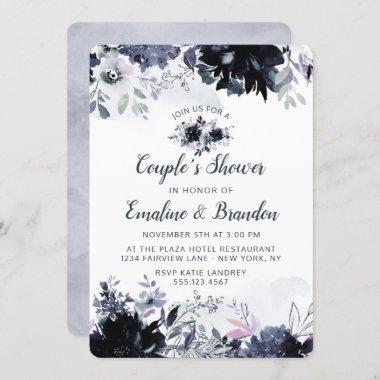 Nocturnal Floral Navy Blue Couple's Wedding Shower Invitations