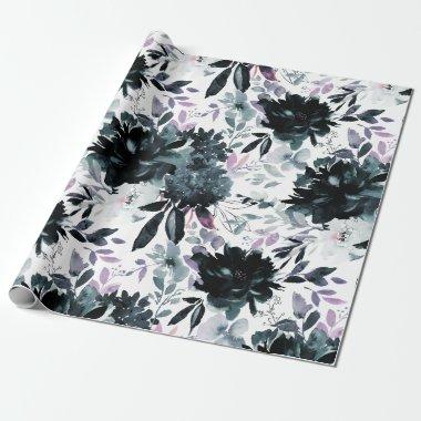 Nocturnal Floral Navy Blue Flower Bouquets Wedding Wrapping Paper