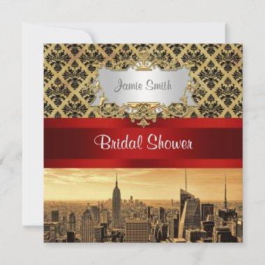 NY City Skyline Sepia B4 Damask Bridal Shower Invitations