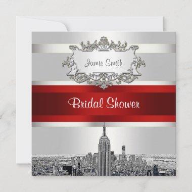 NYC Etched Skyline, White, Red Rbn Bridal Shower Invitations