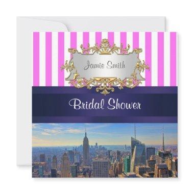 NYC Skyline B2 Pink White Stripe Bridal Shower Invitations