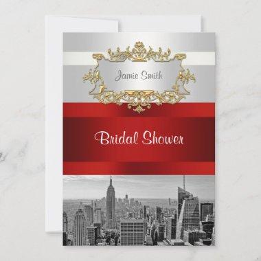 NYC Skyline BW 05 White Red Bridal Shower Invitations