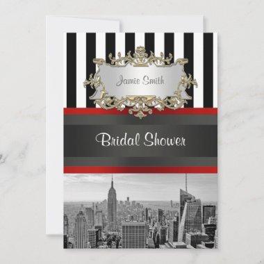 NYC Skyline BW Black White Stripe 2 Bridal Shower Invitations
