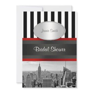 NYC Skyline BW Black White Stripe 2P Bridal Shower Invitations