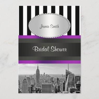NYC Skyline BW Blk Wht Strp Purple P Bridal Shower Invitations