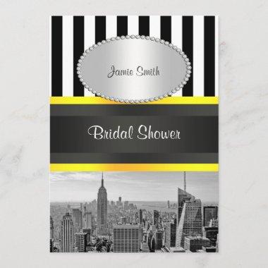 NYC Skyline BW Blk Wht Strp Yellow P Bridal Shower Invitations