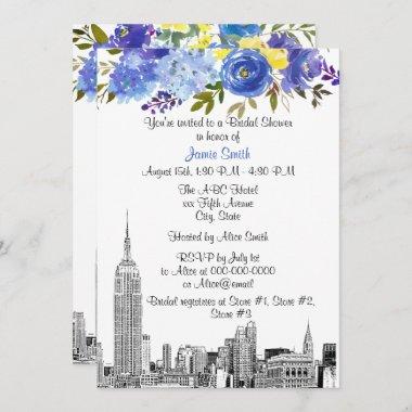 NYC Skyline ESB Etch Blue Yel Floral Bridal Shower Invitations