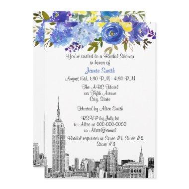 NYC Skyline ESB Etch Blue Yel Floral Bridal Shower Invitations