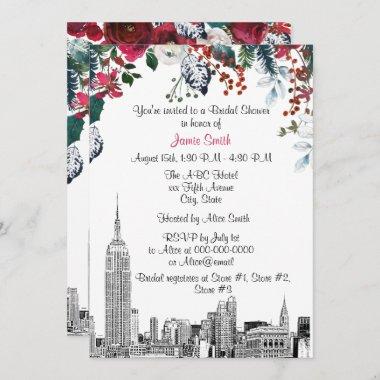 NYC Skyline ESB Etch Burg Grn Floral Bridal Shower Invitations