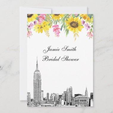 NYC Skyline ESB Etch Look Sunflowers Bridal Shower Invitations
