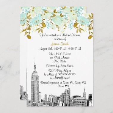 NYC Skyline ESB Etch Mint Gld Floral Bridal Shower Invitations