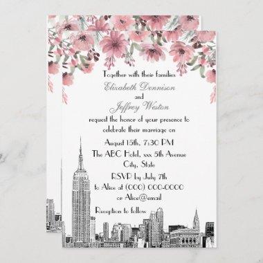 NYC Skyline ESB Etch Pink Floral Wedding Invitations