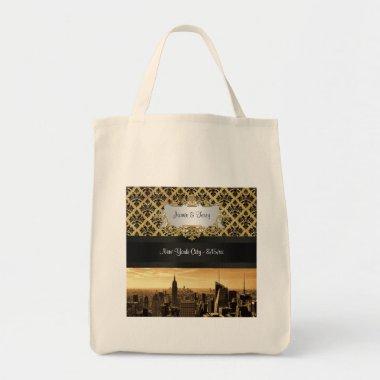 NYC Skyline Sepia B5 Blk Rib Damask Canvas Bag