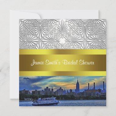 NYC Sunset Skyline ESB White Damask Bridal Shower Invitations