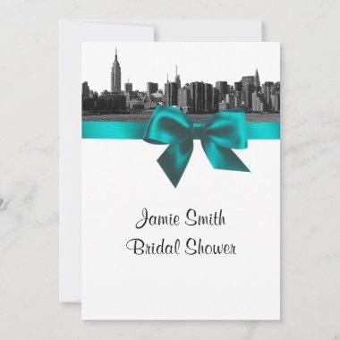 NYC Wide Skyline Etched BW Teal Bridal Shower Invitations