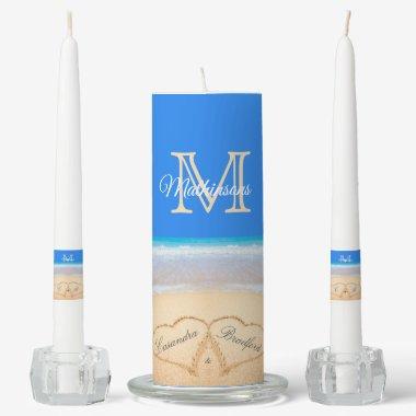 Ocean Blue Beach Wedding 2 Hearts in the Sand Unit Unity Candle Set
