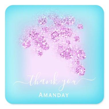 Ocean Blue Glitter Floral Pink Thank You Favor Vip Square Sticker