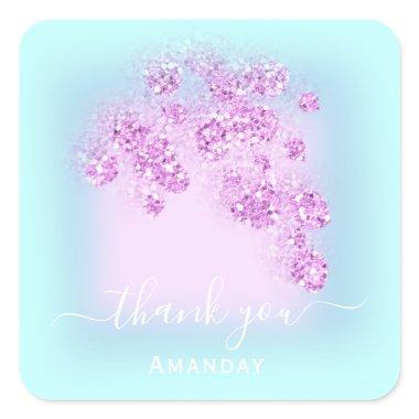 Ocean Blue Glitter Floral Pink Thank You Summer Square Sticker