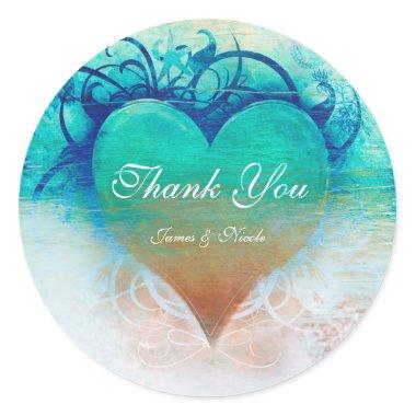 Ocean Blue Heart Grunge Tropical Beach Favor Classic Round Sticker