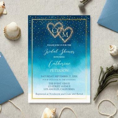 Ocean Blue Watercolor Waves With Monogram Wedding