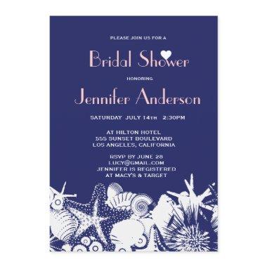 Ocean Love Navy Seashells Chic Bridal Shower Invitations