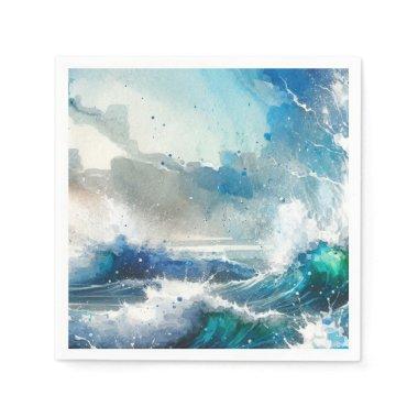 Ocean Sea Splash Watercolor Waves Birthday Party Napkins