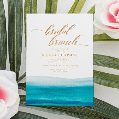 Ocean Watercolor Gold Script Beach Bridal Brunch Invitations