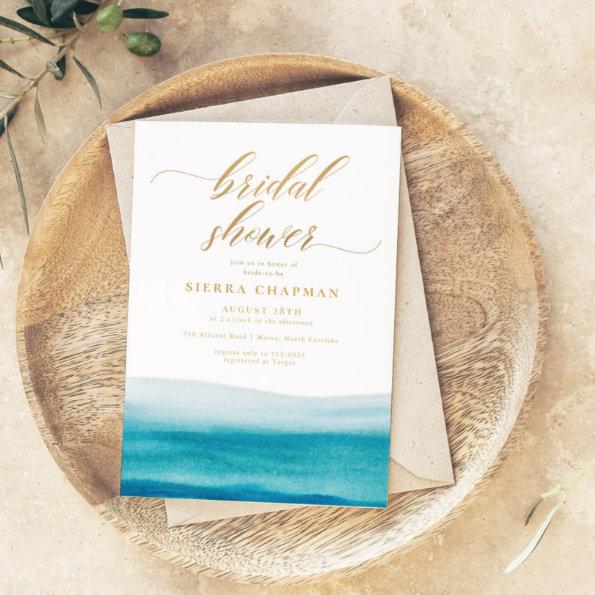 Ocean Watercolor Gold Script Beach Bridal Shower Invitations