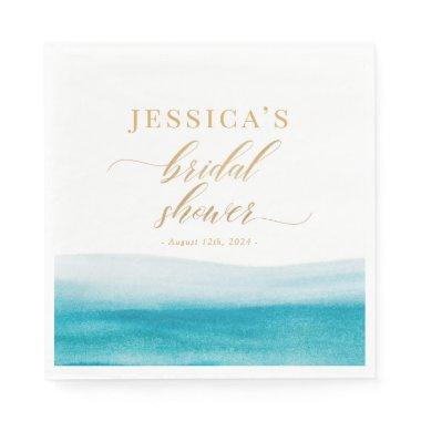 Ocean Watercolor Gold Script Beach Bridal Shower Napkins