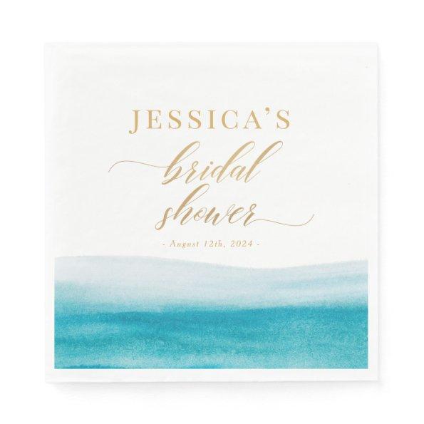 Ocean Watercolor Gold Script Beach Bridal Shower Napkins