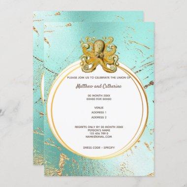 Octopus geometric frame faux gold blue nautical Invitations