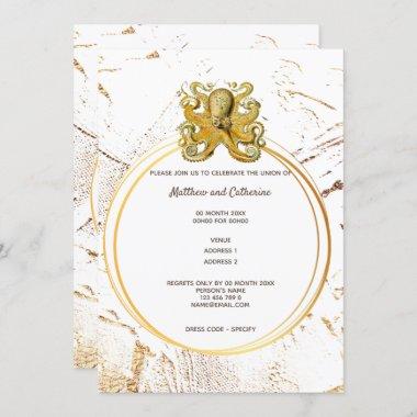 Octopus geometric frame faux gold white nautical Invitations