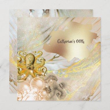 Octopus modern faux gold ocean coral nautical chic Invitations