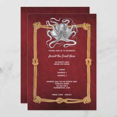 Octopus rope frame Burgundy maroon red nautical Invitations